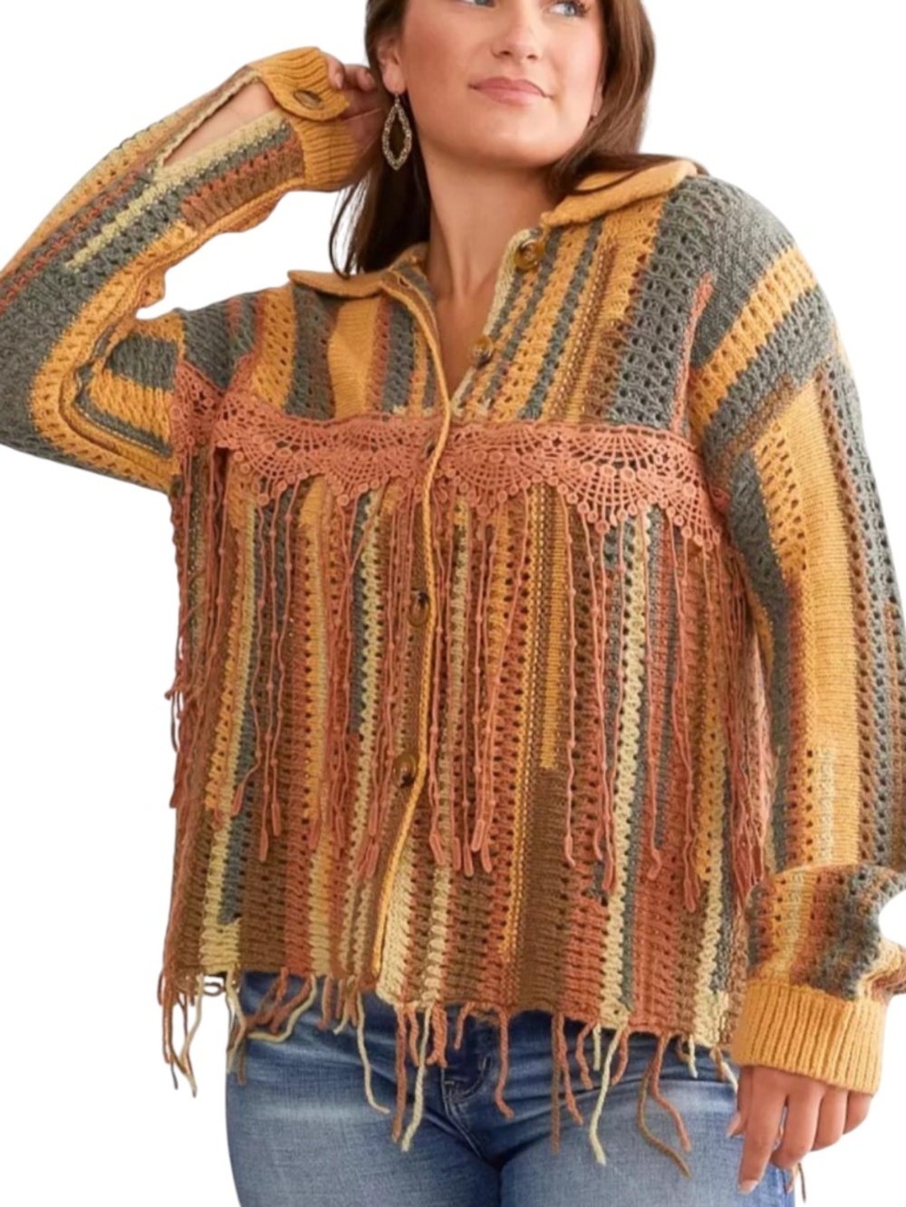 Miss Me Pieced Cardigan Sweater Fringe Crochet Boho sz L as is